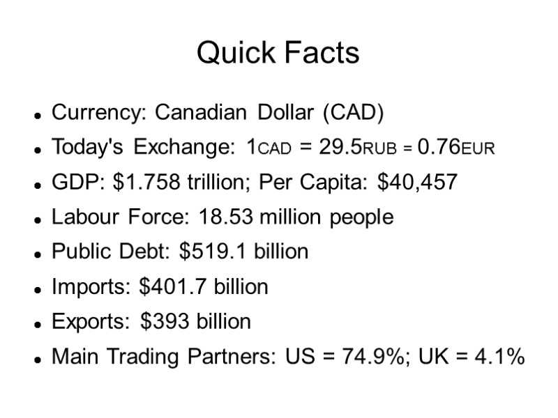 Quick Facts Currency: Canadian Dollar (CAD) Today's Exchange: 1CAD = 29.5RUB = 0.76EUR GDP: